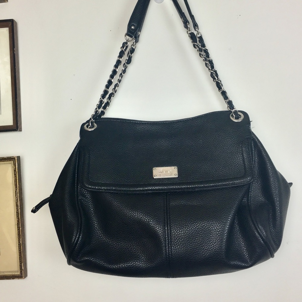 NINE WEST black faux-leather large zipper purse